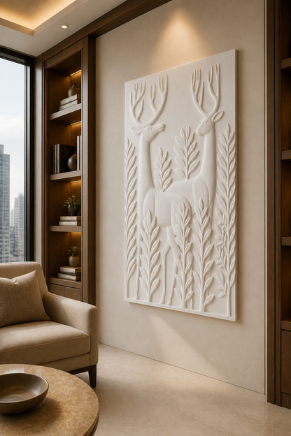 Forest Companions white Corian wall panel right angle in nature-led Goregaon foyer