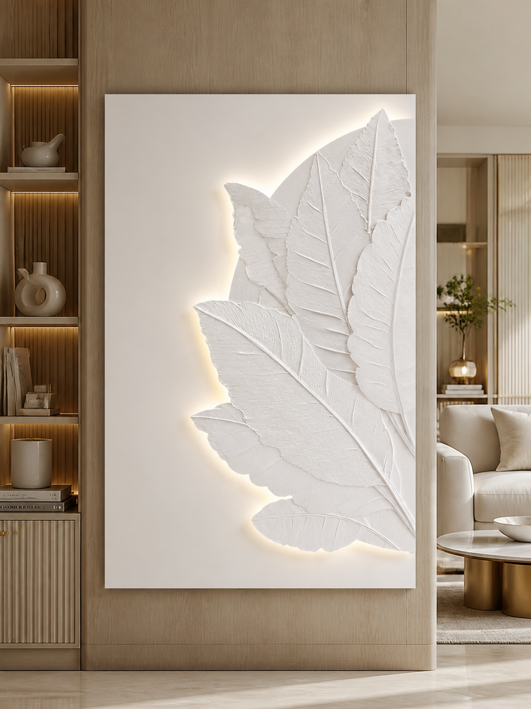 Illuminated Canopy white Corian wall panel front view in luxury Bandra living room
