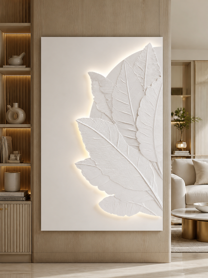 Illuminated Canopy white Corian wall panel front view in luxury Bandra living room