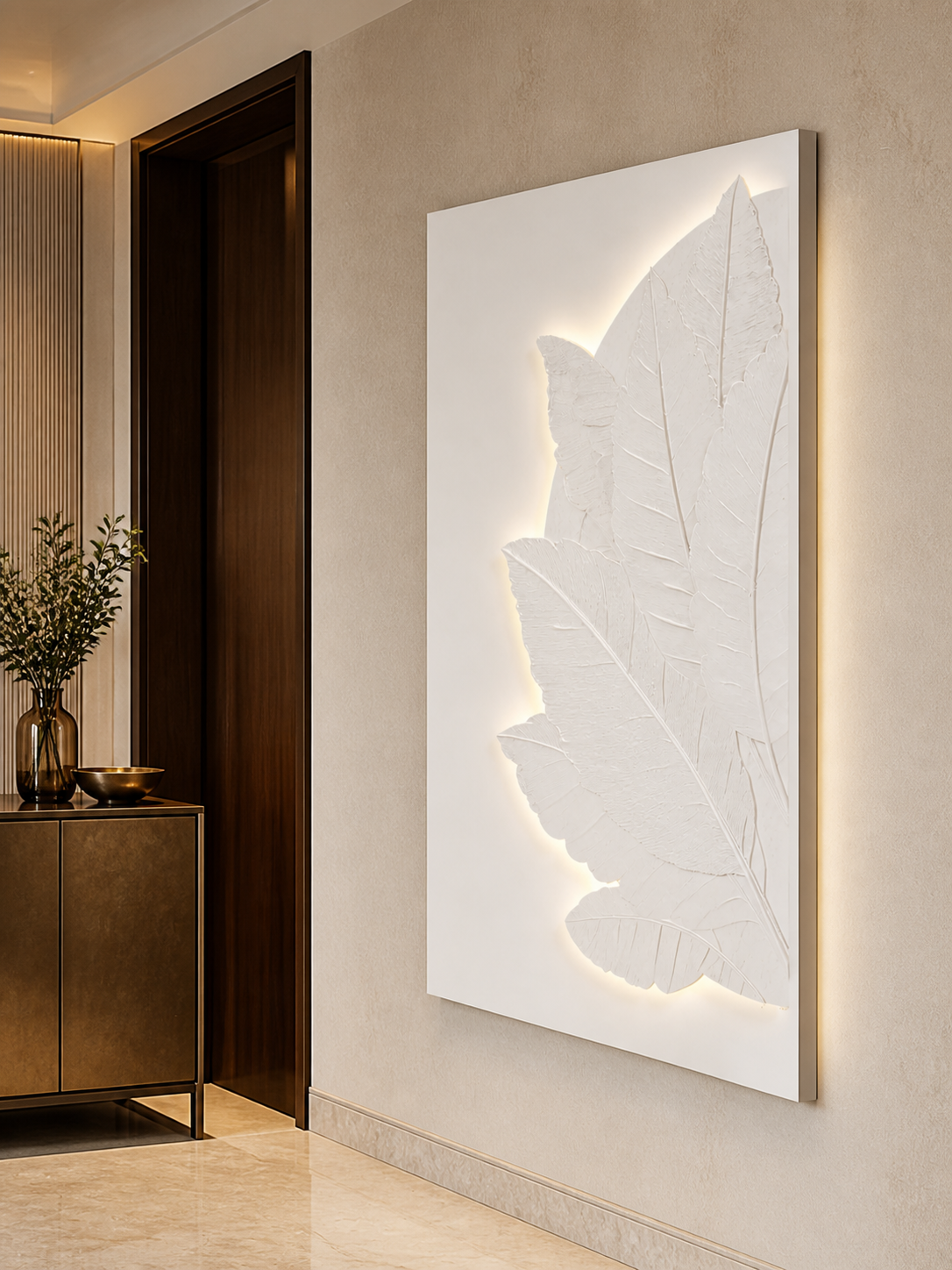 Illuminated Canopy white Corian wall panel left angle in warm-stone Juhu foyer