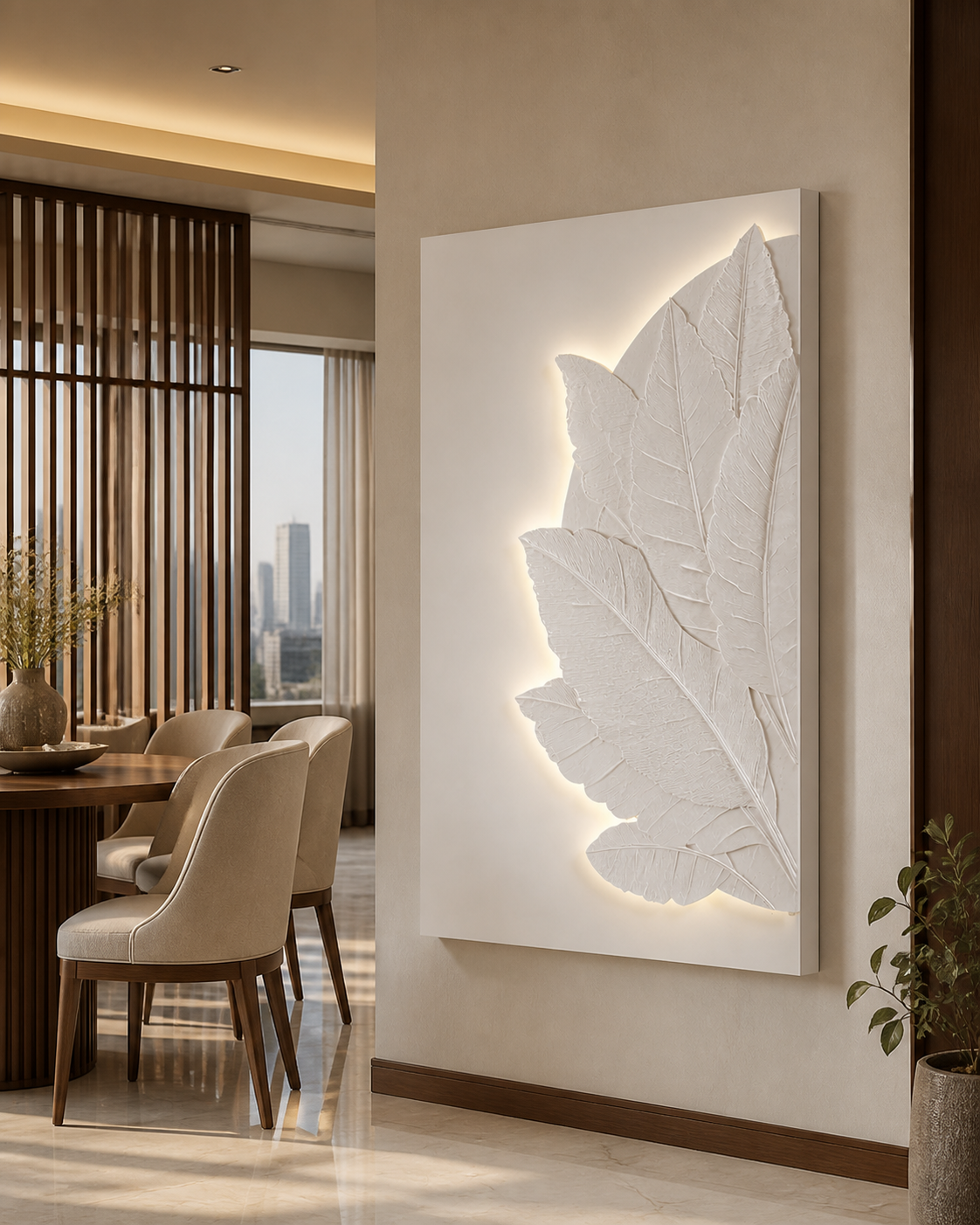 Illuminated Canopy white Corian wall panel right angle in quiet Powai bedroom lounge