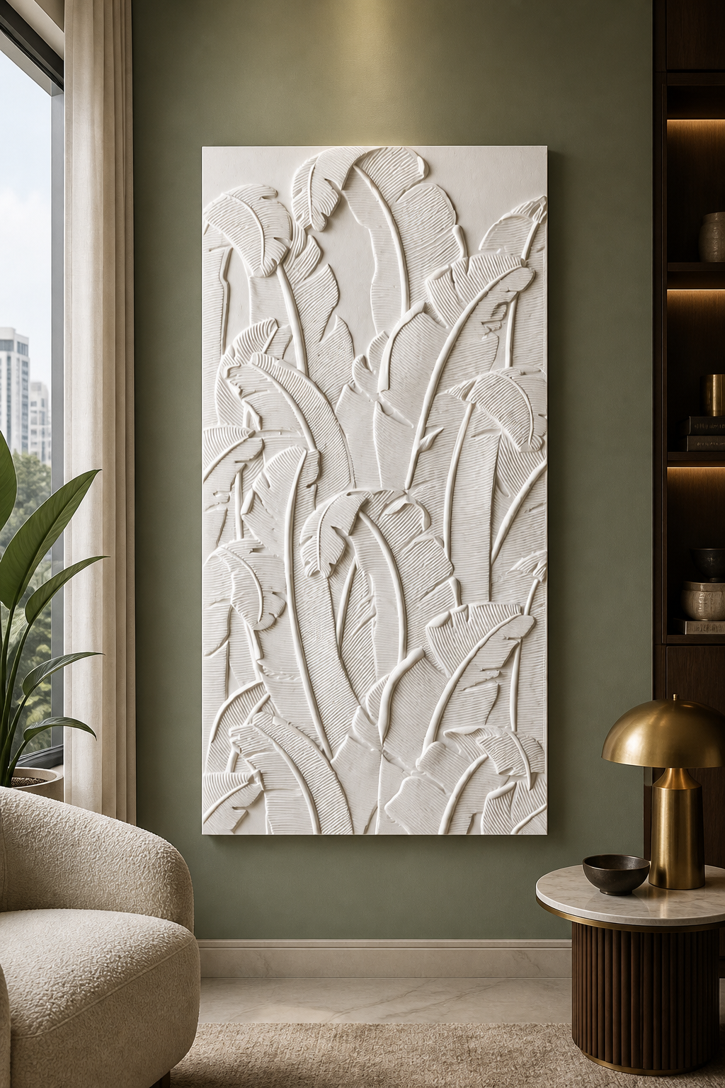 Banana Leaf Rhythm white Corian wall panel front view in deep-green Cuffe Parade foyer