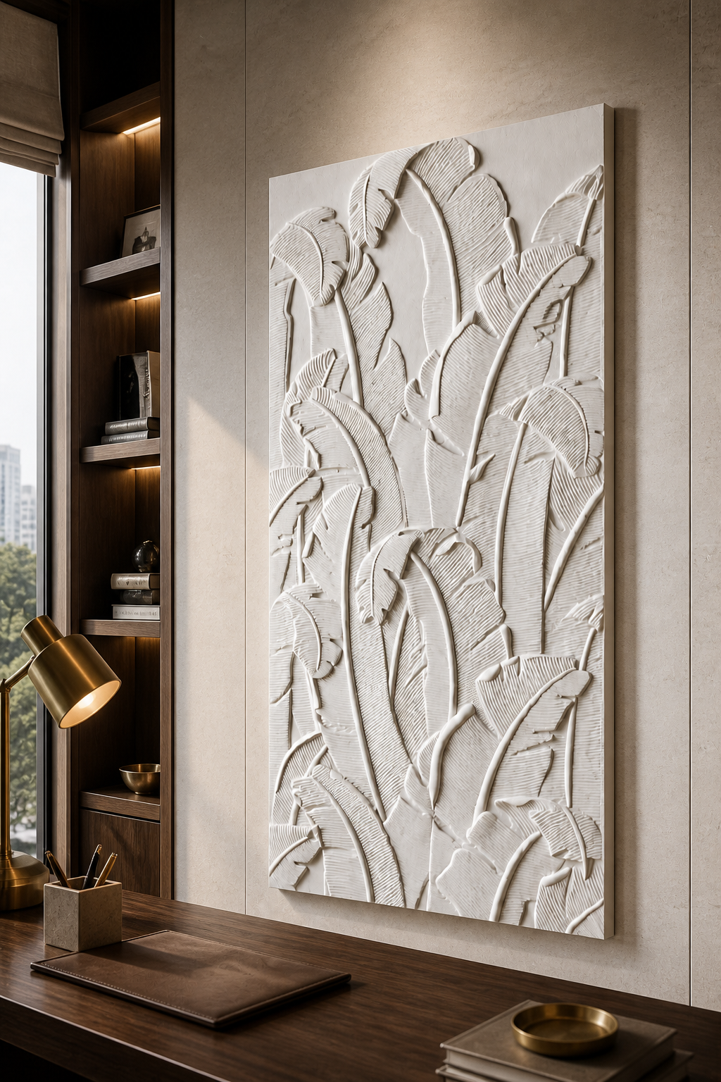 Banana Leaf Rhythm white Corian wall panel left angle in cream Worli dining alcove