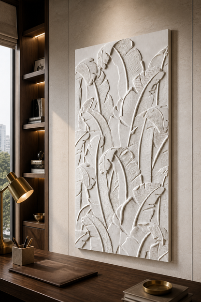 Banana Leaf Rhythm white Corian wall panel left angle in cream Worli dining alcove