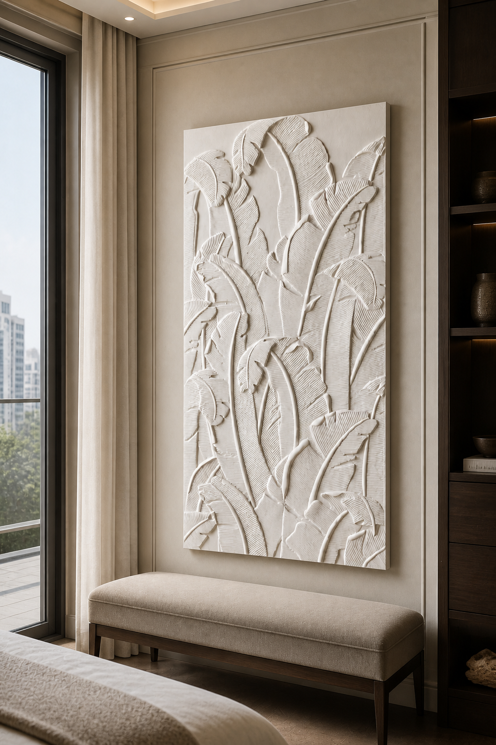 Banana Leaf Rhythm white Corian wall panel right angle in warm-grey Navi Mumbai lounge
