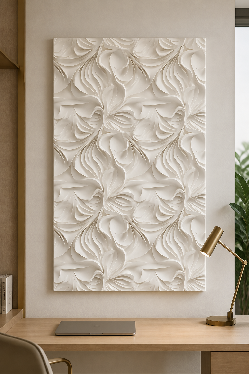 Folded Petal Field white Corian wall panel front view in minimal BKC home office
