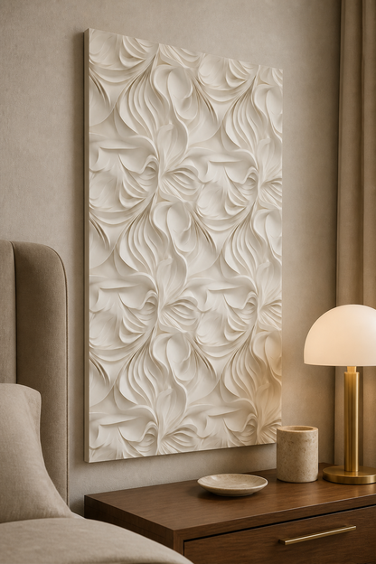 Folded Petal Field white Corian wall panel left angle in soft-taupe Bandra bedroom