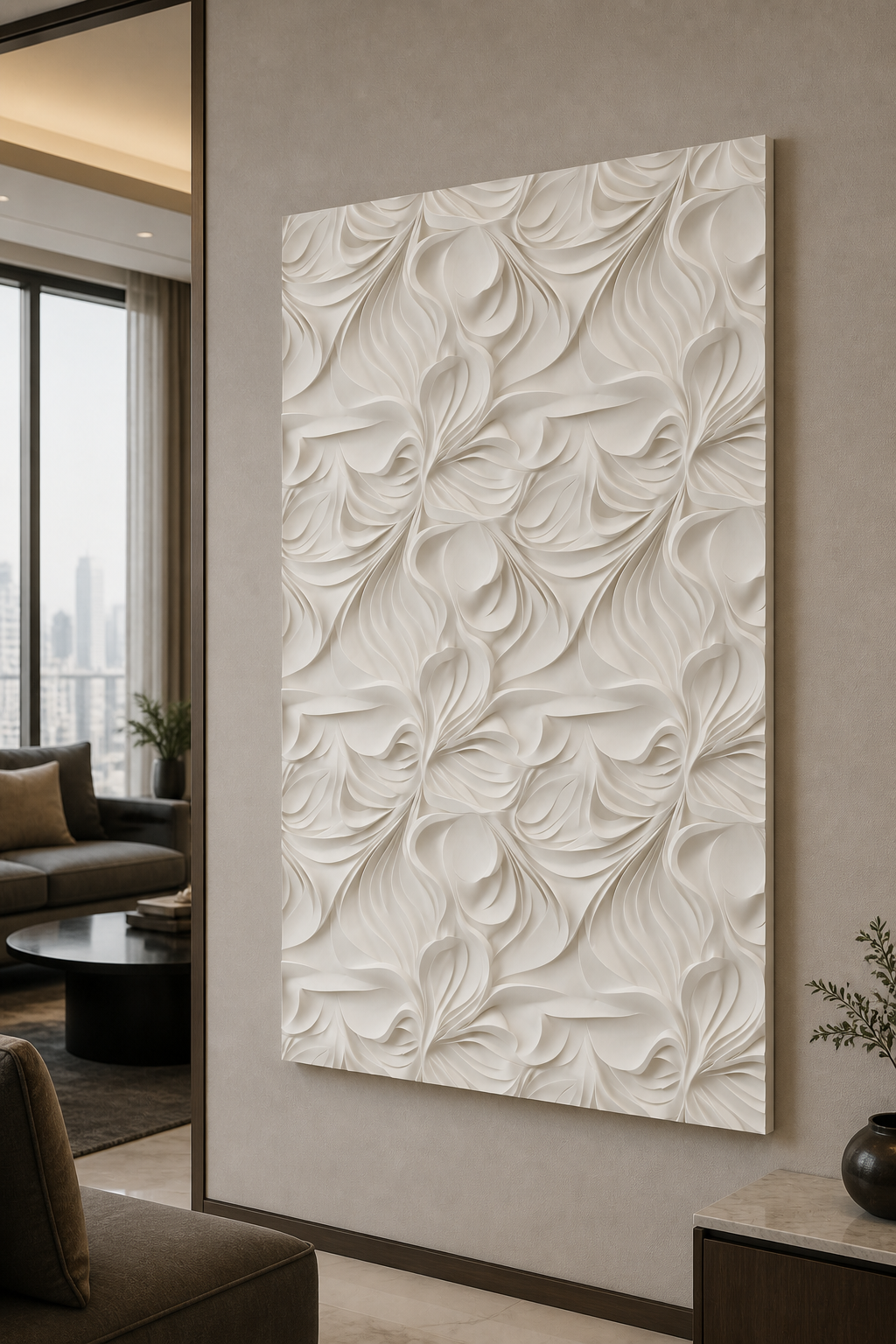 Folded Petal Field white Corian wall panel right angle in contemporary Parel living room