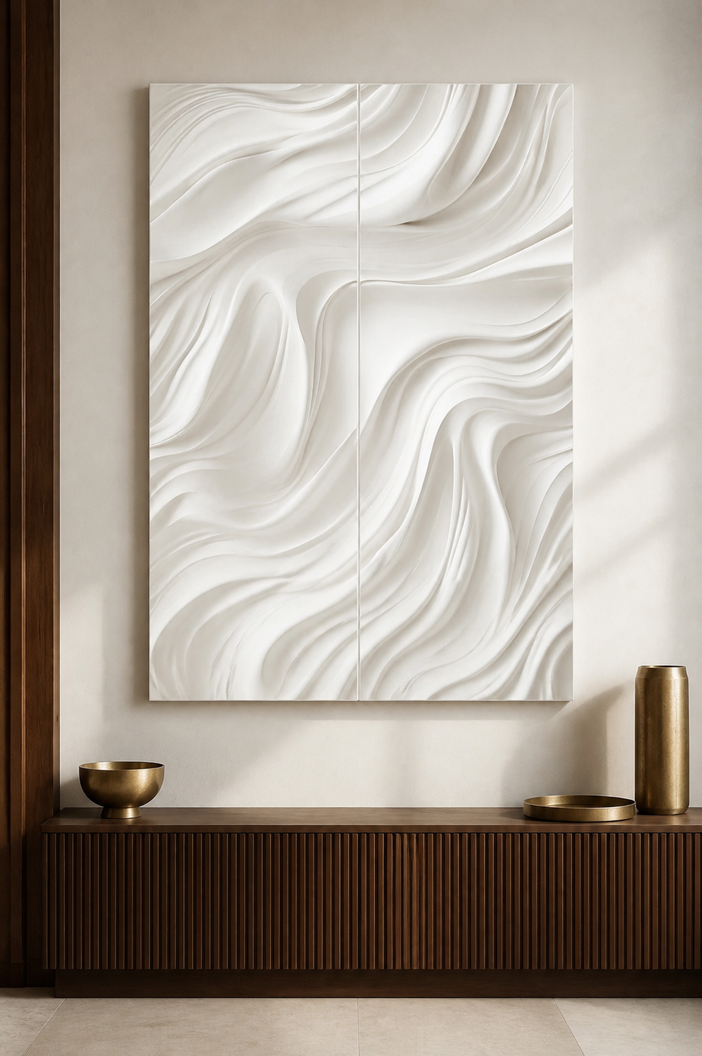 Twin Current white Corian wall panel front view in refined Worli console wall