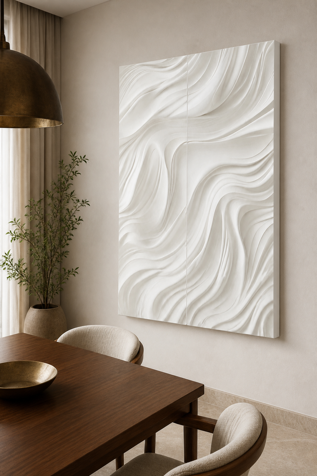 Twin Current white Corian wall panel left angle in compact Juhu dining space
