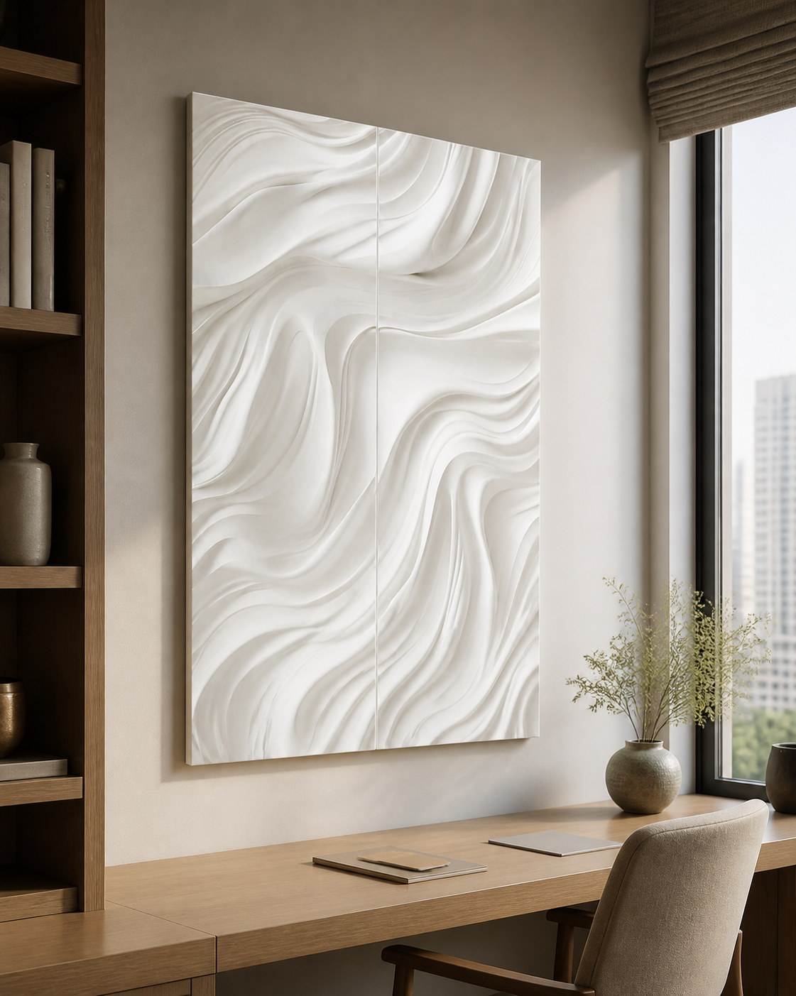 Twin Current white Corian wall panel right angle in warm-white Powai home study