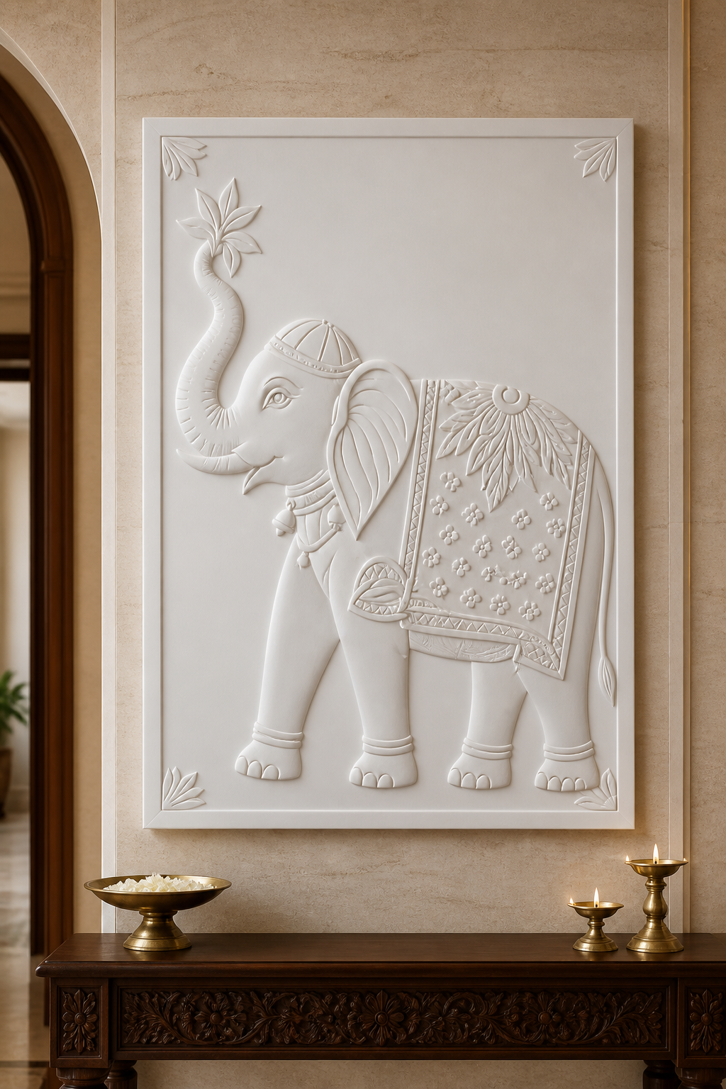 Royal Elephant Procession white Corian wall panel front view in grand Walkeshwar foyer