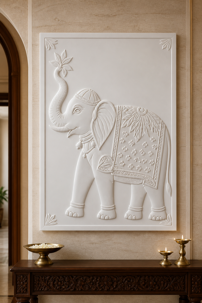 Royal Elephant Procession white Corian wall panel front view in grand Walkeshwar foyer