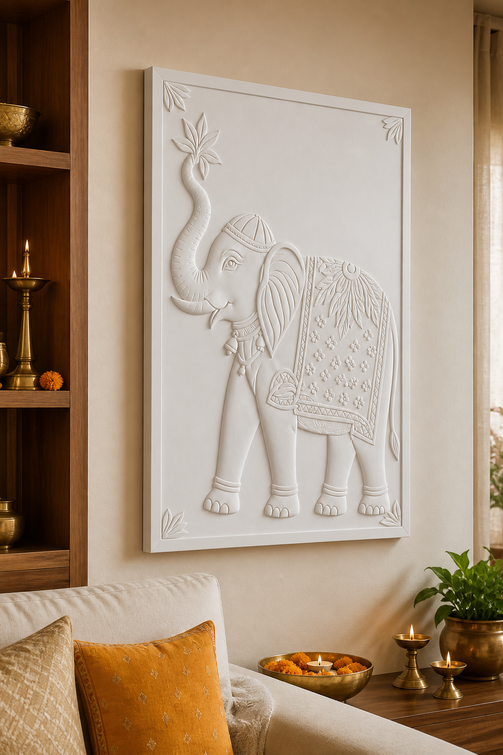 Royal Elephant Procession white Corian wall panel left angle in festive Ghatkopar family living room