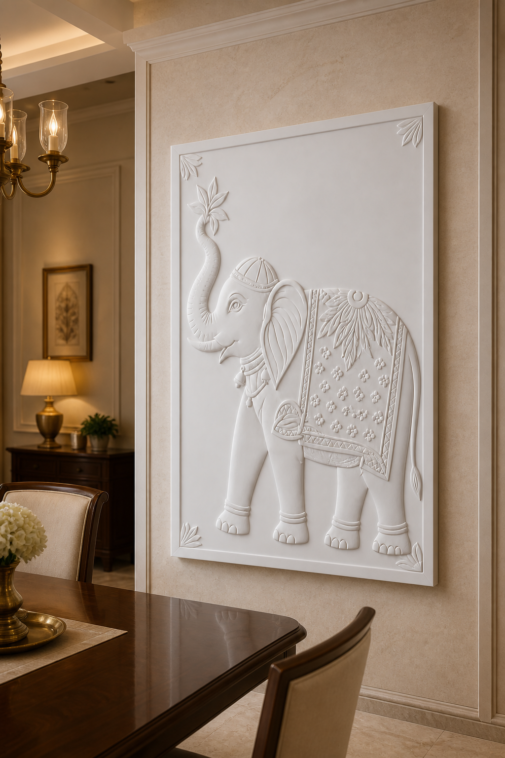 Royal Elephant Procession white Corian wall panel right angle in formal Borivali dining room