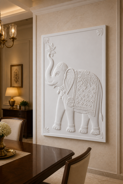 Royal Elephant Procession white Corian wall panel right angle in formal Borivali dining room
