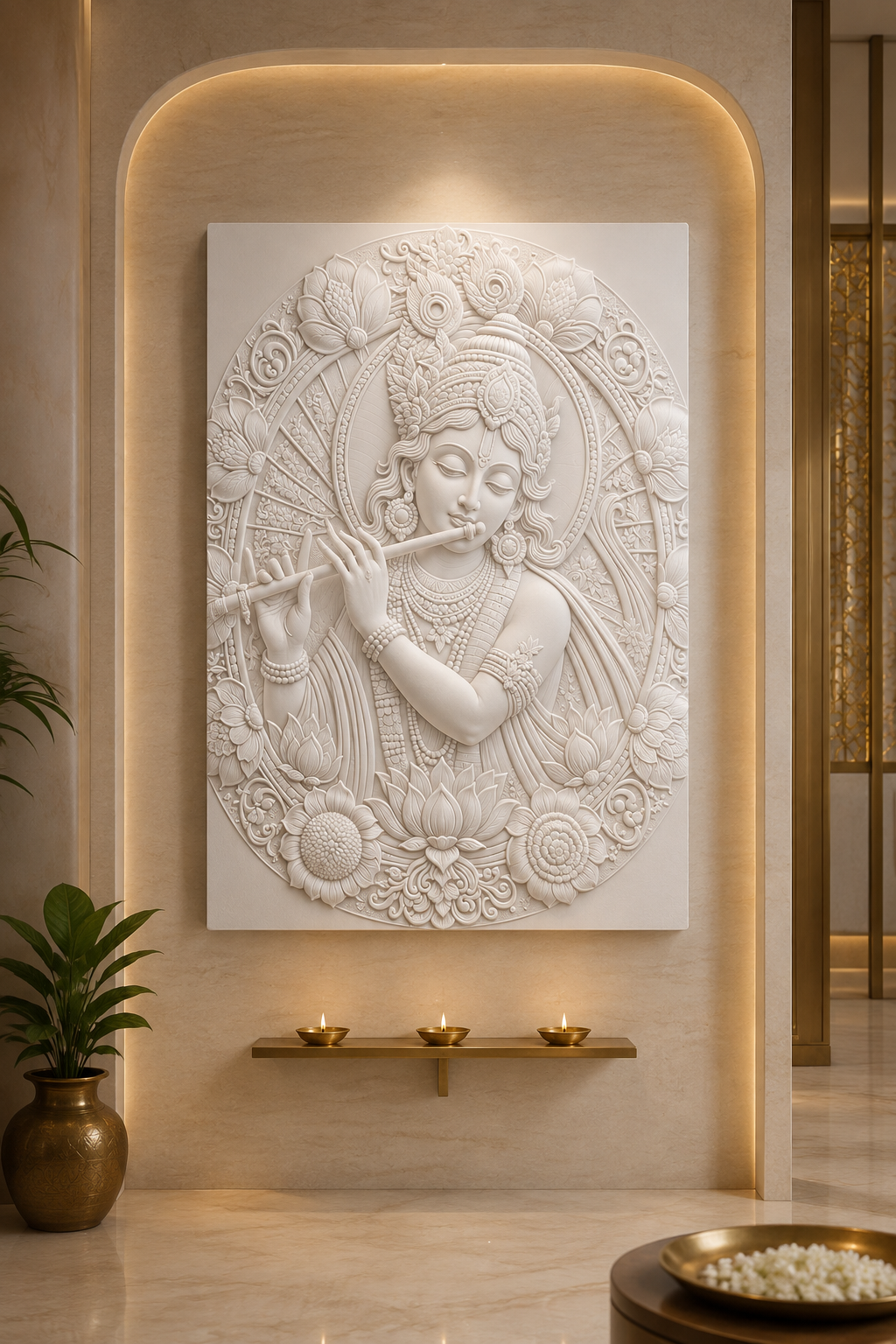 Krishna Floral Medallion satin white Corian wall panel, front view in a warm-stone South Mumbai entrance foyer
