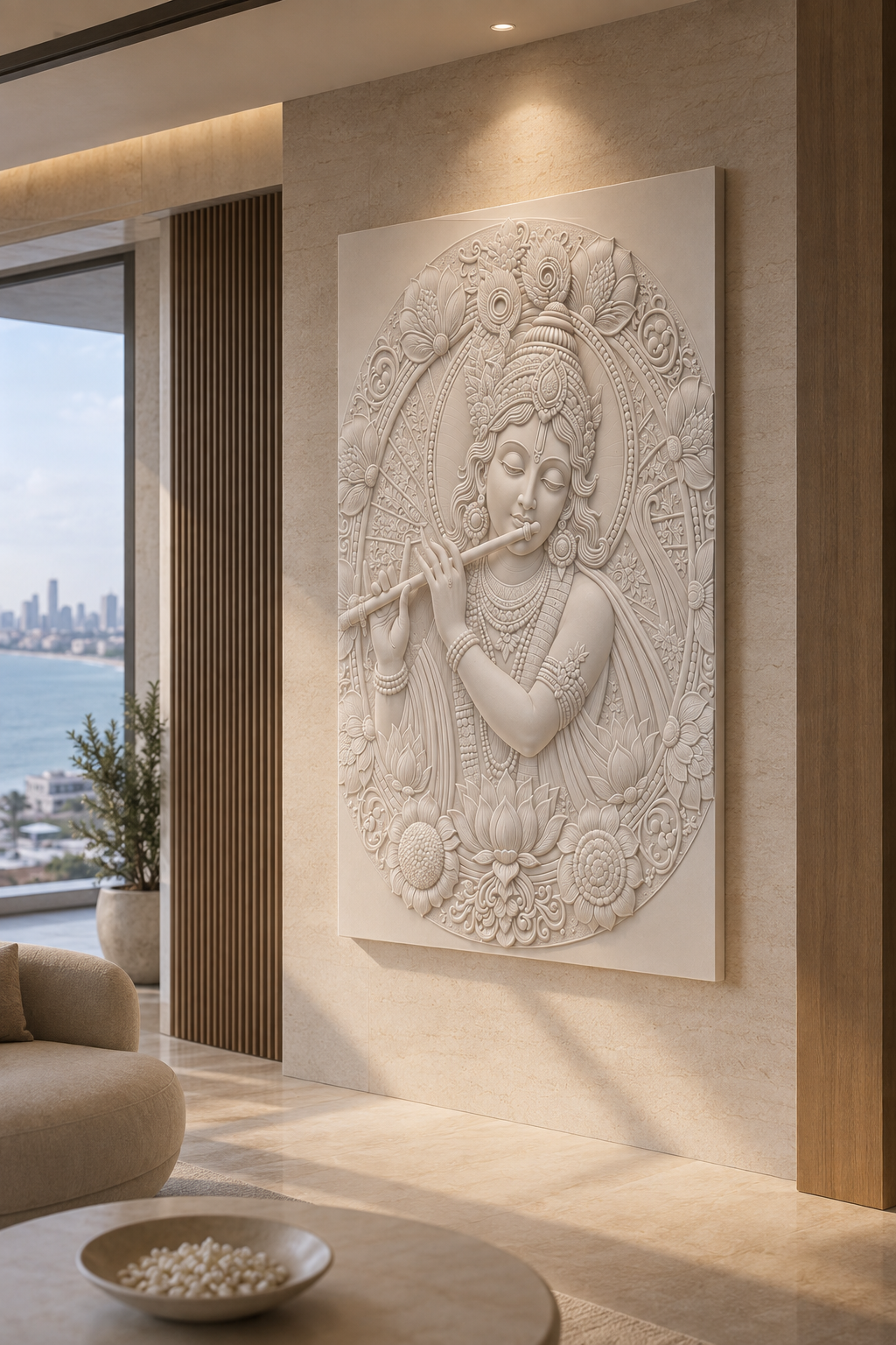 Krishna Floral Medallion satin white Corian wall panel, left angle in a sea-facing Worli living-room alcove