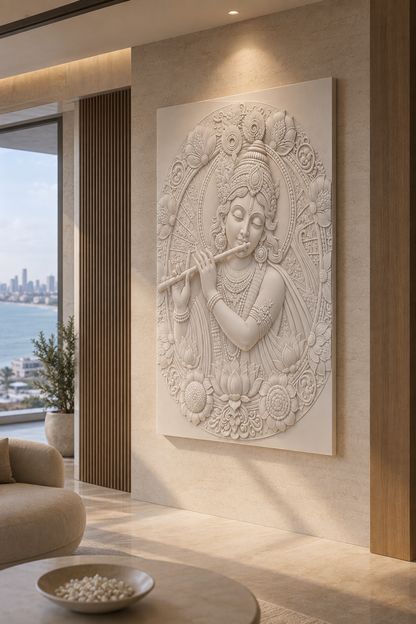 Krishna Floral Medallion satin white Corian wall panel, left angle in a sea-facing Worli living-room alcove