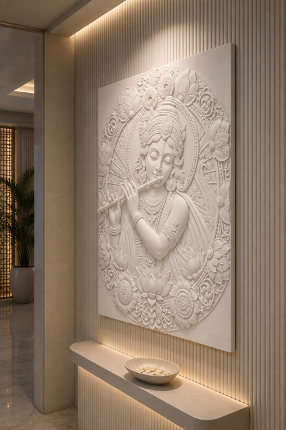 Krishna Floral Medallion satin white Corian wall panel, right angle in a refined Bandra console passage