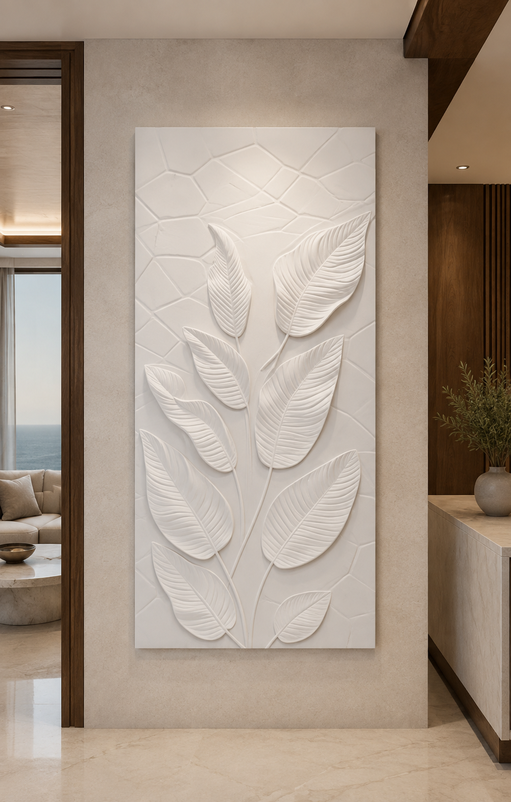 Calla Leaf Rise satin white Corian wall panel, front view in a bright Cuffe Parade entrance corridor