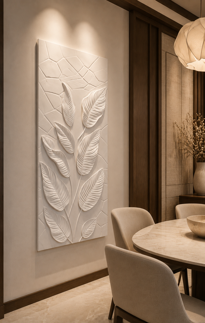 Calla Leaf Rise satin white Corian wall panel, left angle in a contemporary Bandra dining room