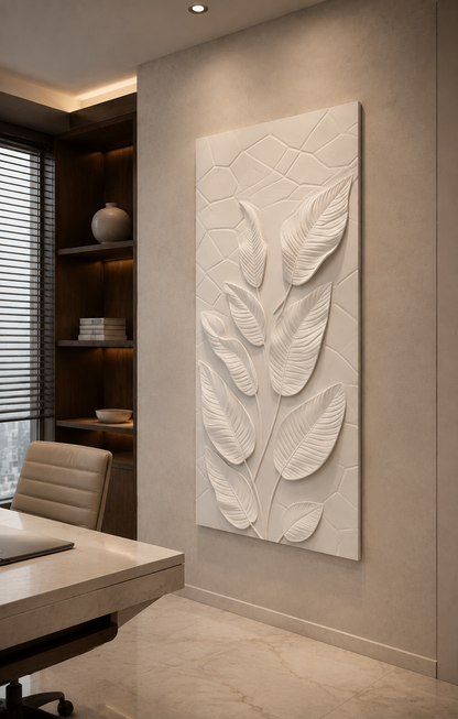 Calla Leaf Rise satin white Corian wall panel, right angle in a calm Powai home study