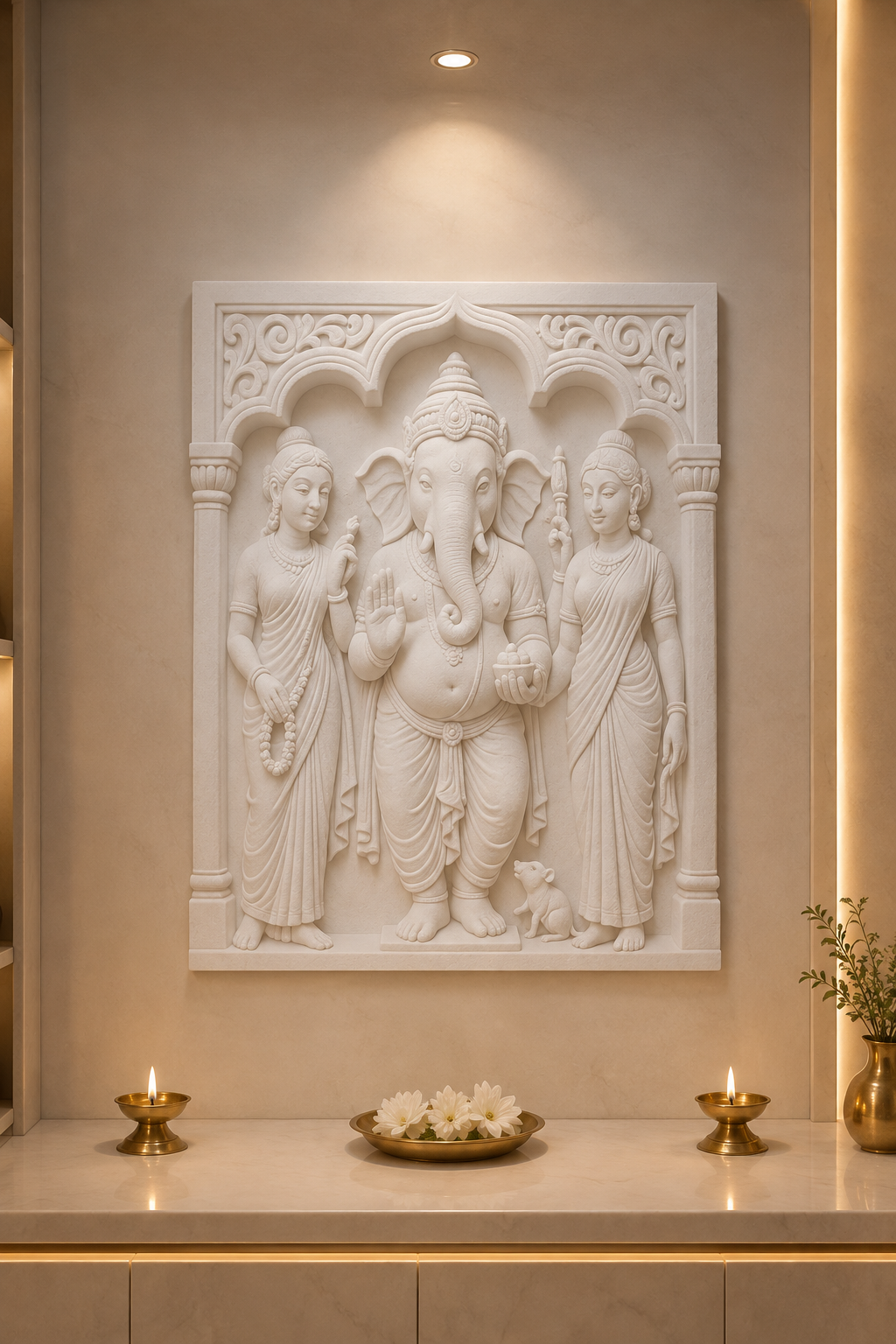 Ganesha Family Shrine satin white Corian wall panel, front view in a serene Walkeshwar home-mandir alcove