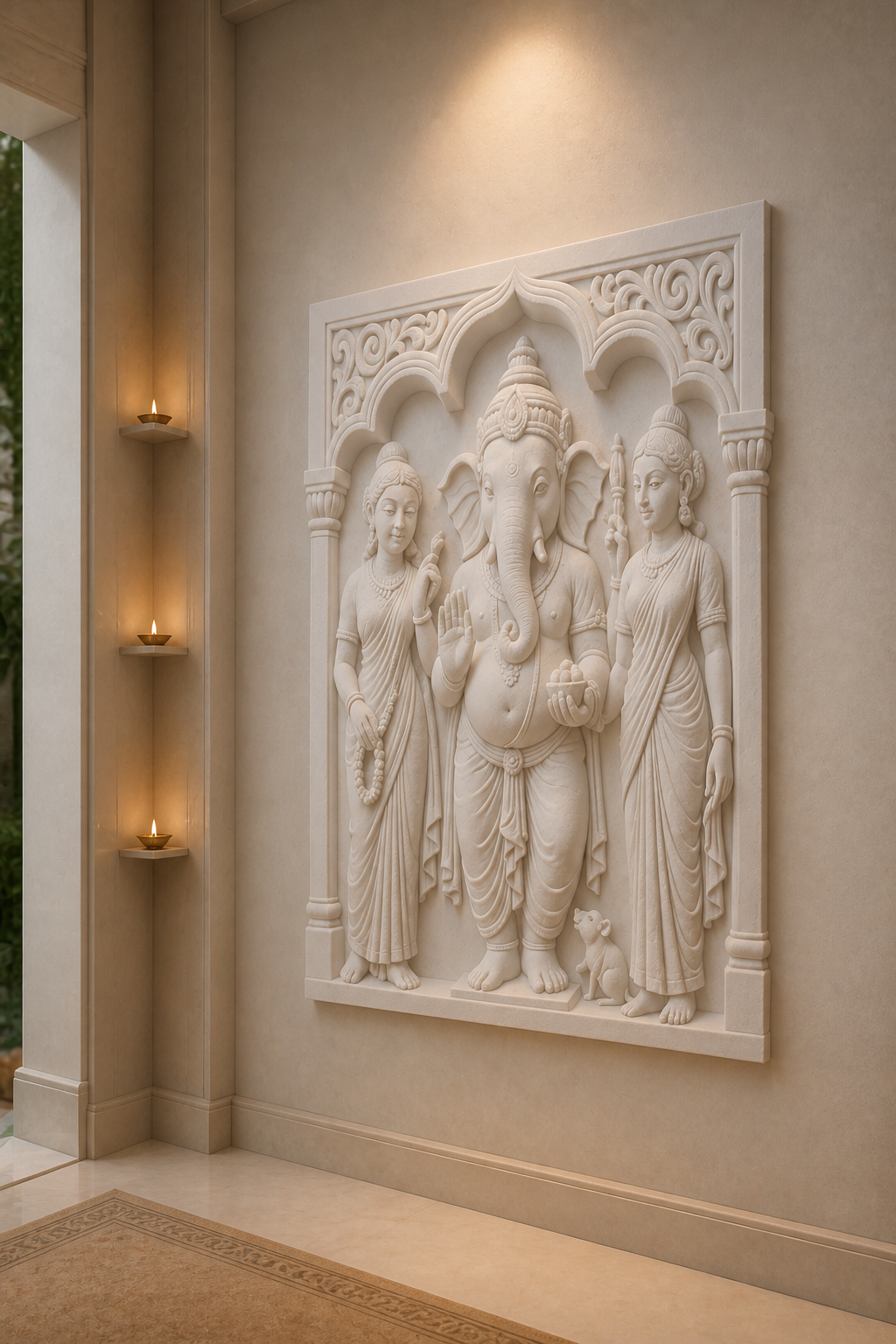 Ganesha Family Shrine satin white Corian wall panel, left angle in a soft ivory Malabar Hill entrance hall