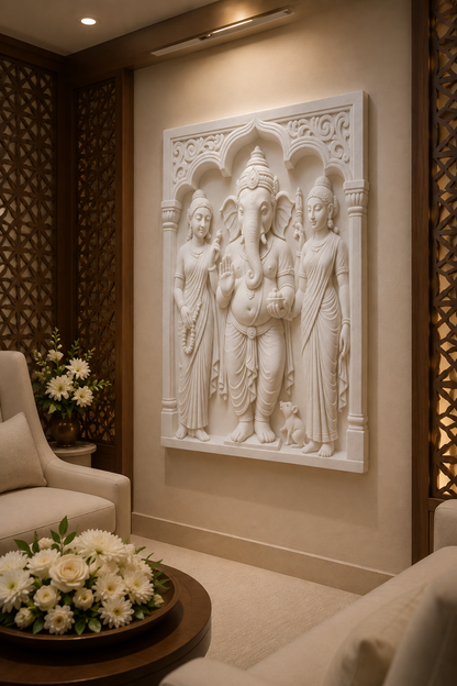 Ganesha Family Shrine satin white Corian wall panel, right angle in a warm timber Juhu family lounge