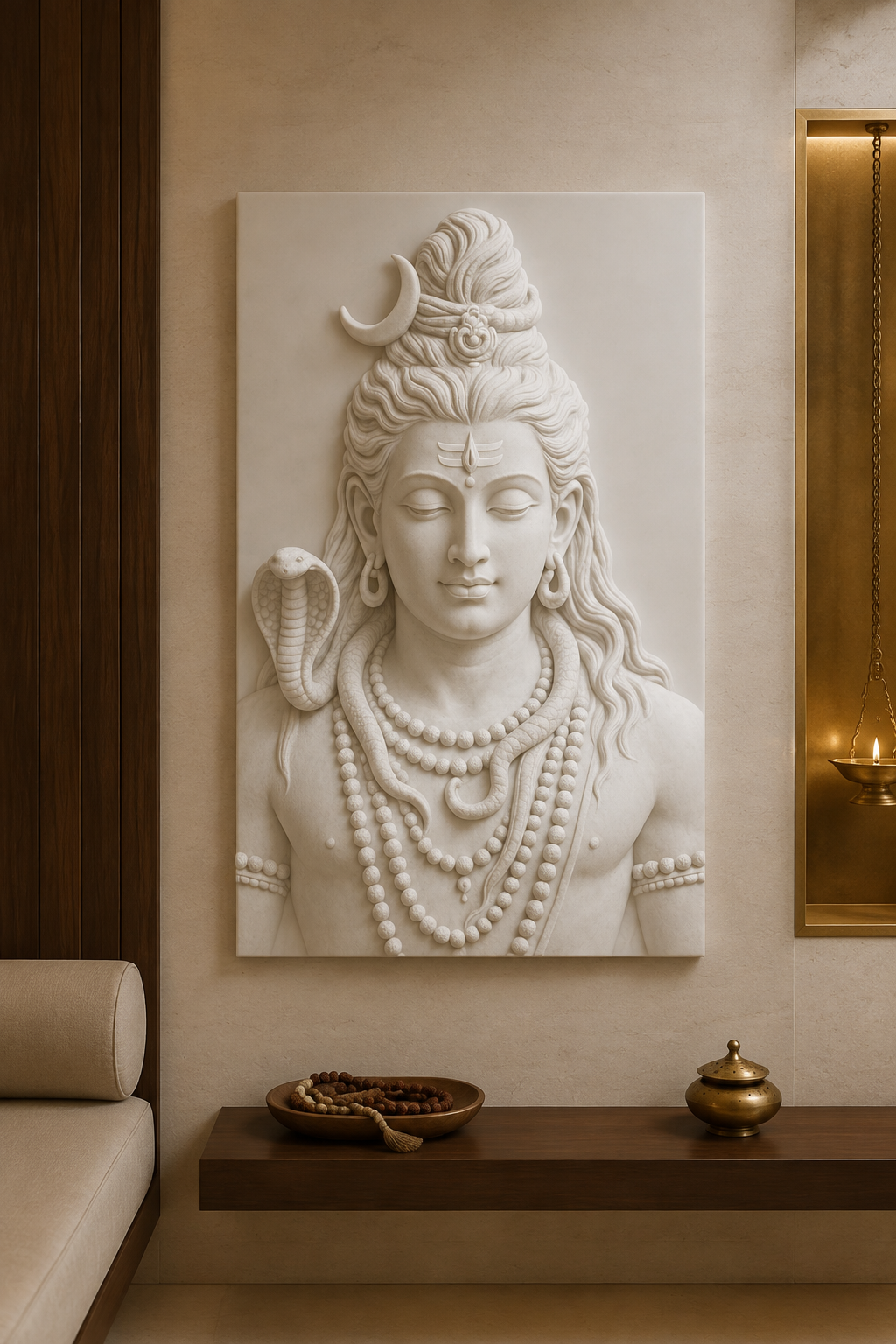 Shiva Tranquil Presence satin white Corian wall panel, front view in a warm-neutral South Mumbai living room