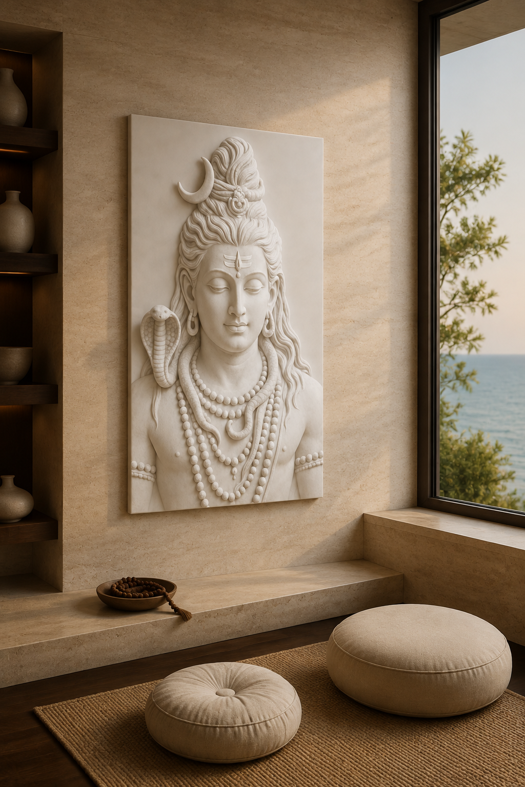 Shiva Tranquil Presence satin white Corian wall panel, left angle in a sunlit Powai meditation corner