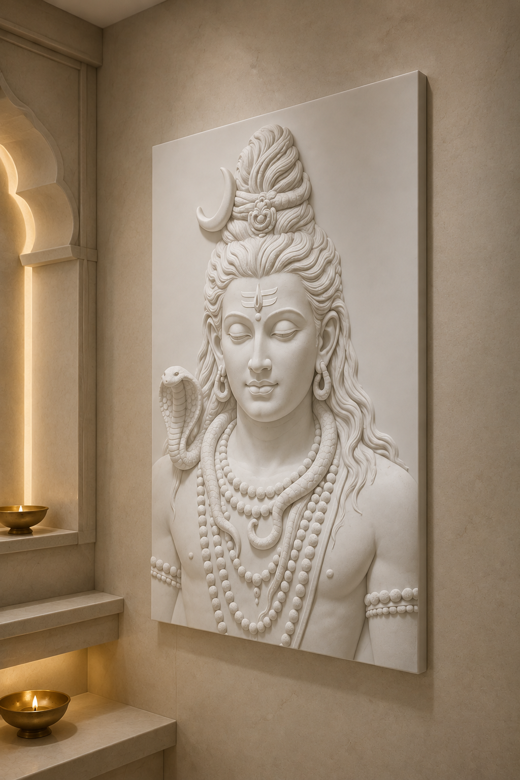 Shiva Tranquil Presence satin white Corian wall panel, right angle in a quiet Chembur prayer foyer