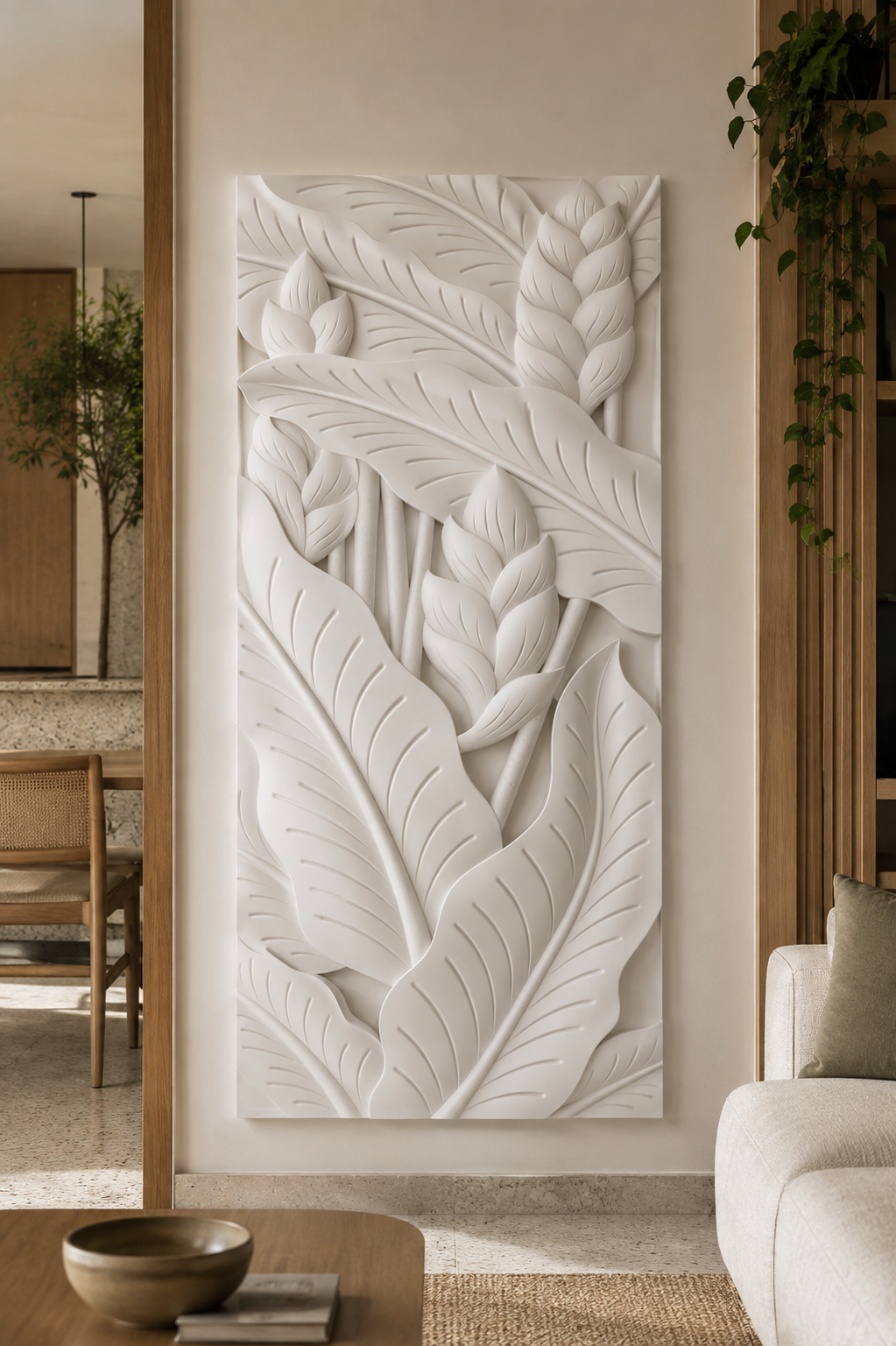 Tropical Leaf Canopy satin white Corian wall panel, front view in a garden-facing Juhu living room