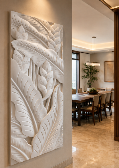Tropical Leaf Canopy satin white Corian wall panel, left angle in a refined Bandra dining room