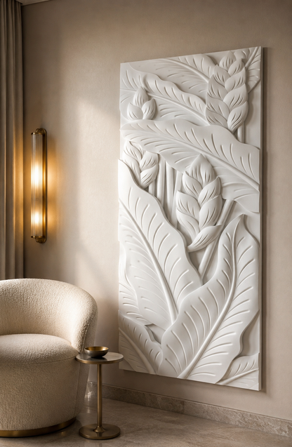 Tropical Leaf Canopy satin white Corian wall panel, right angle in an elegant Worli bedroom sitting corner