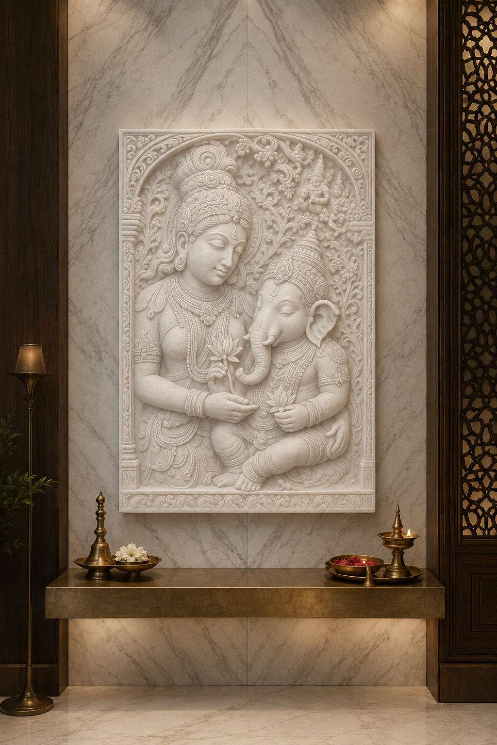 Parvati Ganesha Grace satin white Corian wall panel, front view in a warm Malabar Hill pooja alcove