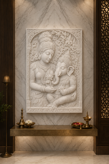 Parvati Ganesha Grace satin white Corian wall panel, front view in a warm Malabar Hill pooja alcove