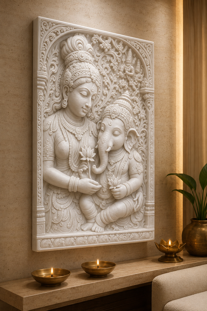 Parvati Ganesha Grace satin white Corian wall panel, left angle in a premium South Mumbai prayer lounge