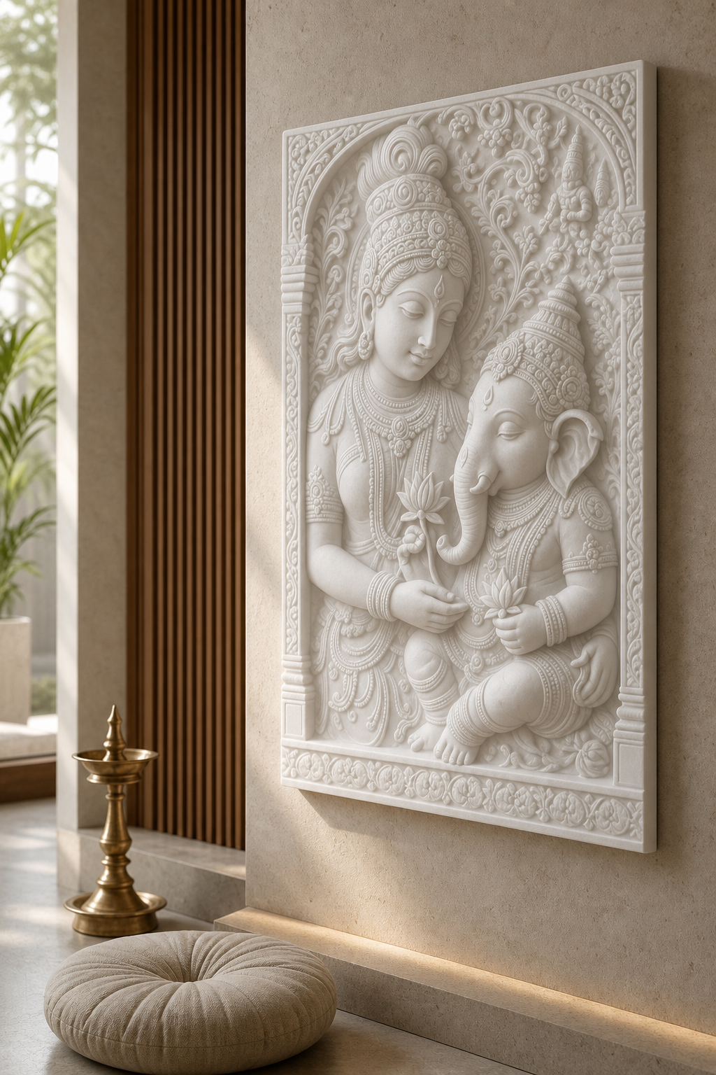 Parvati Ganesha Grace satin white Corian wall panel, right angle in a calm Juhu meditation niche