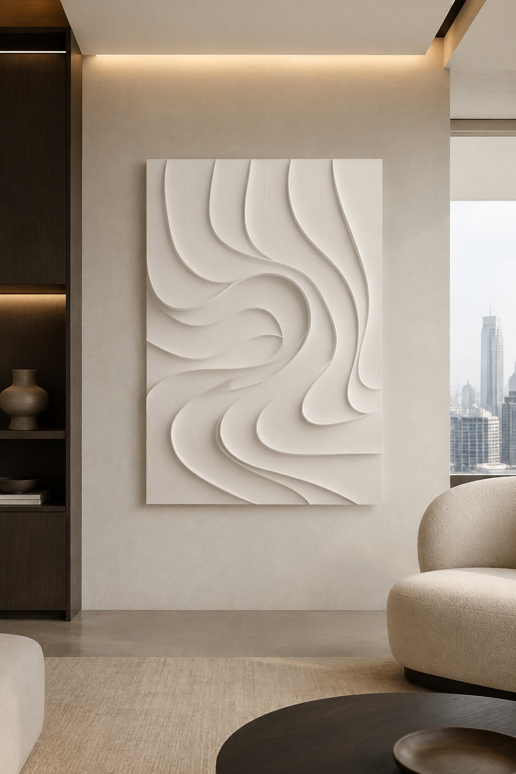 Ribbon Vortex satin white Corian wall panel, front view in a minimal Lower Parel living room
