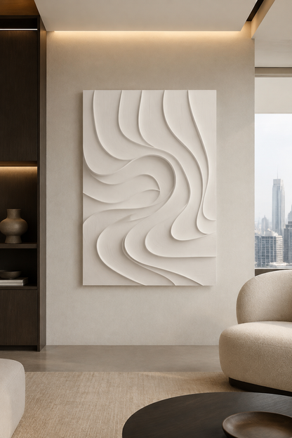 Ribbon Vortex satin white Corian wall panel, front view in a minimal Lower Parel living room