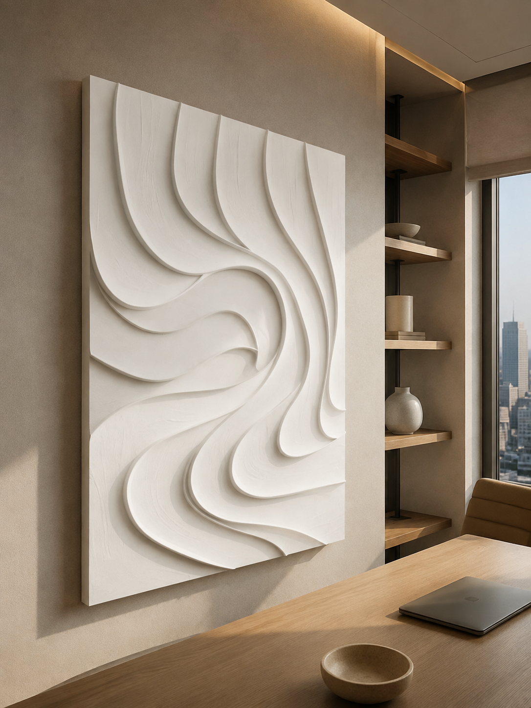 Ribbon Vortex satin white Corian wall panel, left angle in a sophisticated BKC home-office lounge