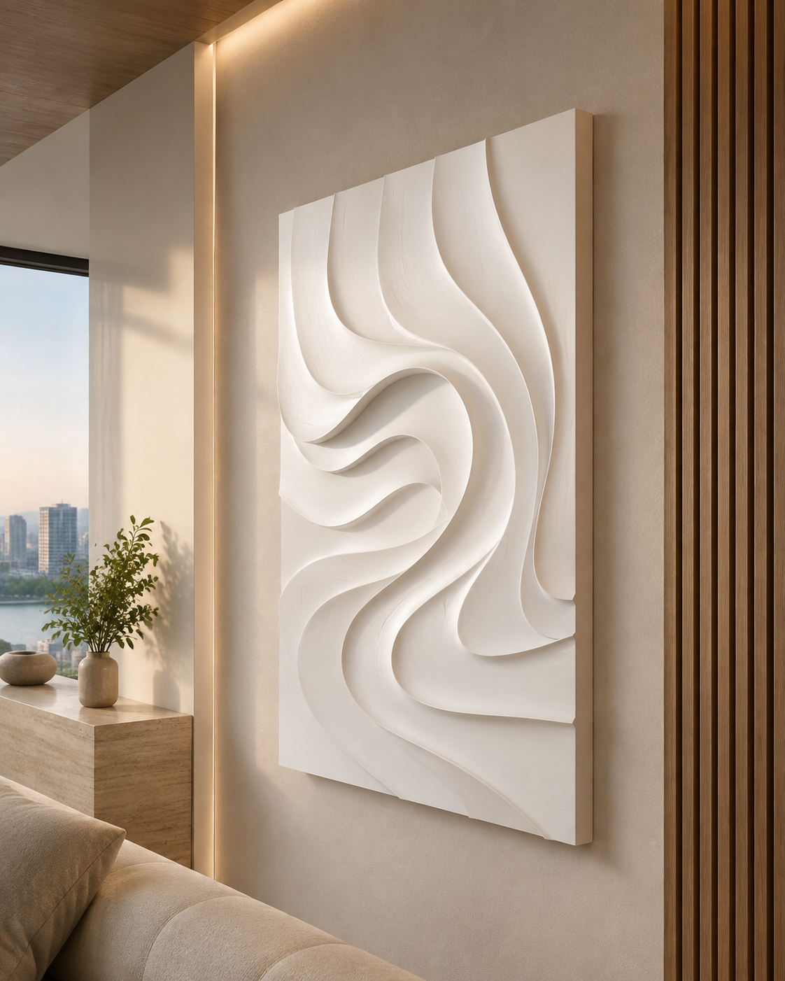 Ribbon Vortex satin white Corian wall panel, right angle in a luxury Powai living-room niche