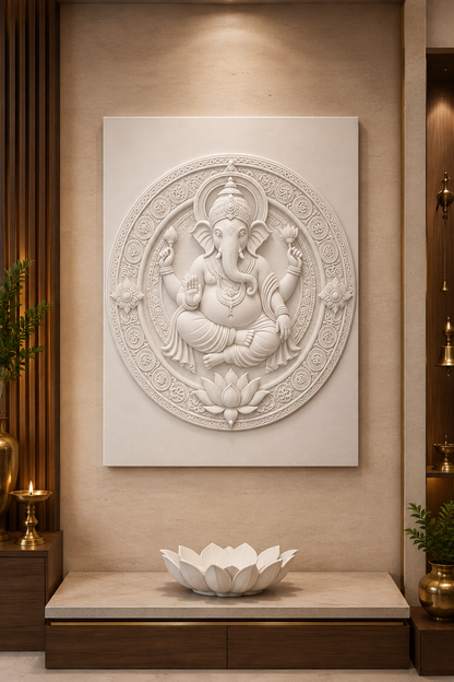 Ganesha Lotus Mandala satin white Corian wall panel, front view in a formal South Mumbai pooja niche