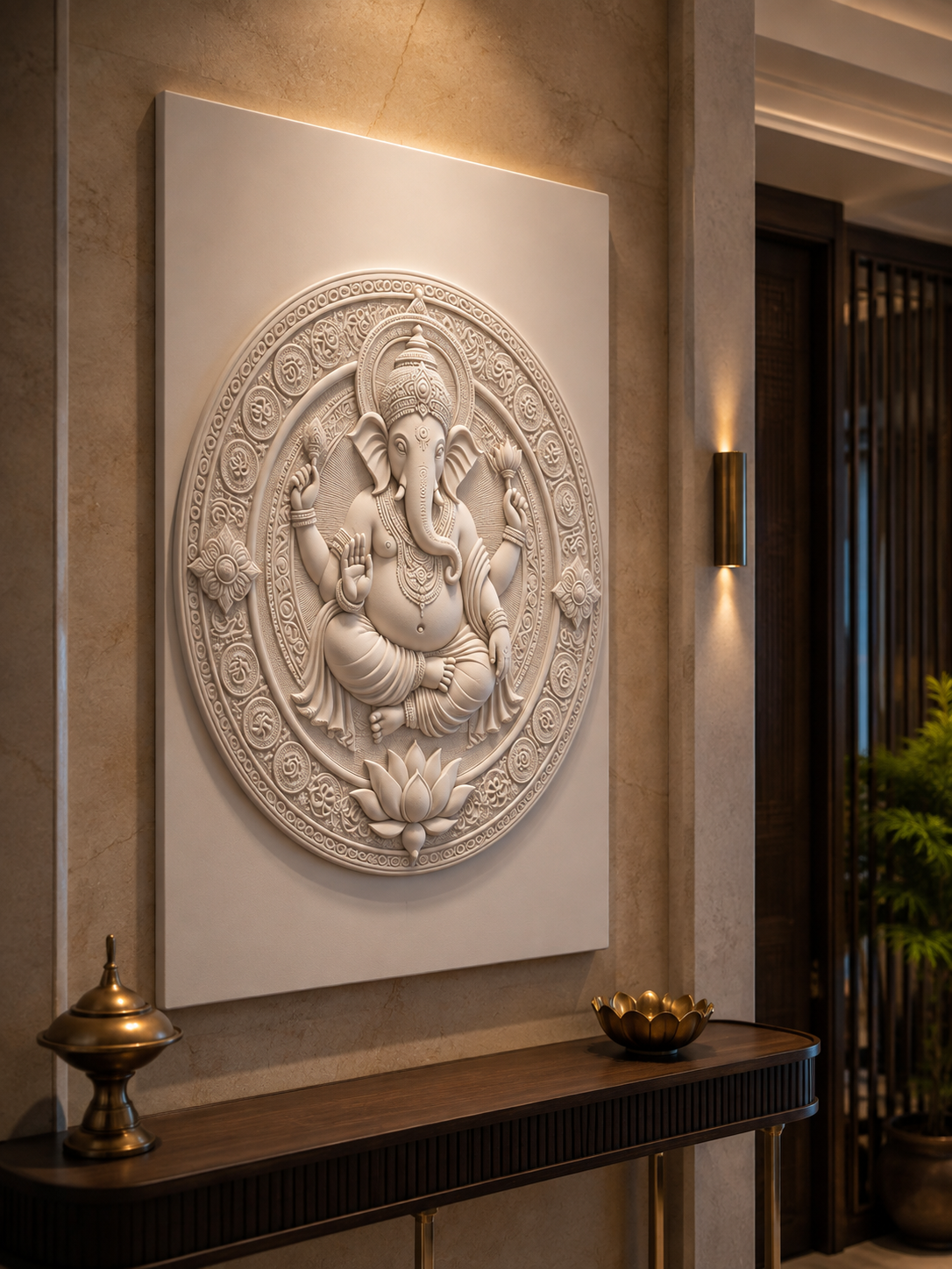 Ganesha Lotus Mandala satin white Corian wall panel, left angle in an elegant Malabar Hill entrance foyer