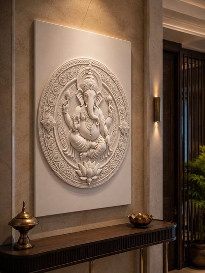 Ganesha Lotus Mandala satin white Corian wall panel, left angle in an elegant Malabar Hill entrance foyer