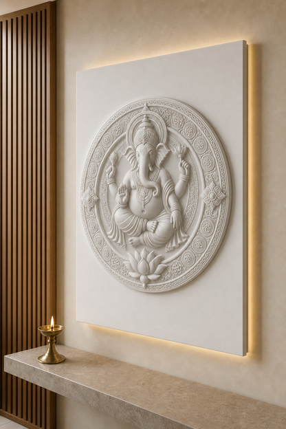 Ganesha Lotus Mandala satin white Corian wall panel, right angle in an upscale Chembur prayer corner