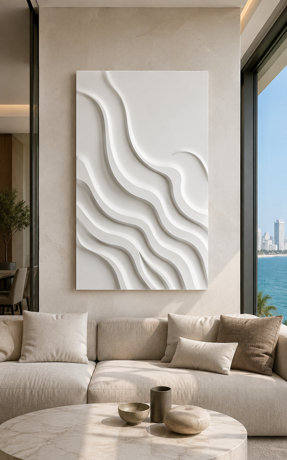 Contour Tide satin white Corian wall panel, front view in a sea-facing Worli living room