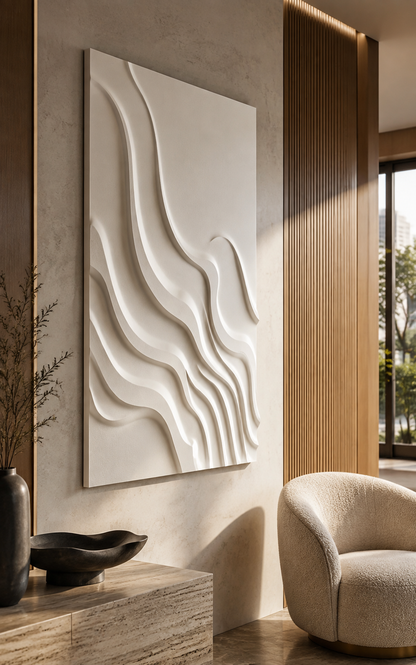 Contour Tide satin white Corian wall panel, left view in a warm Bandra reading corner